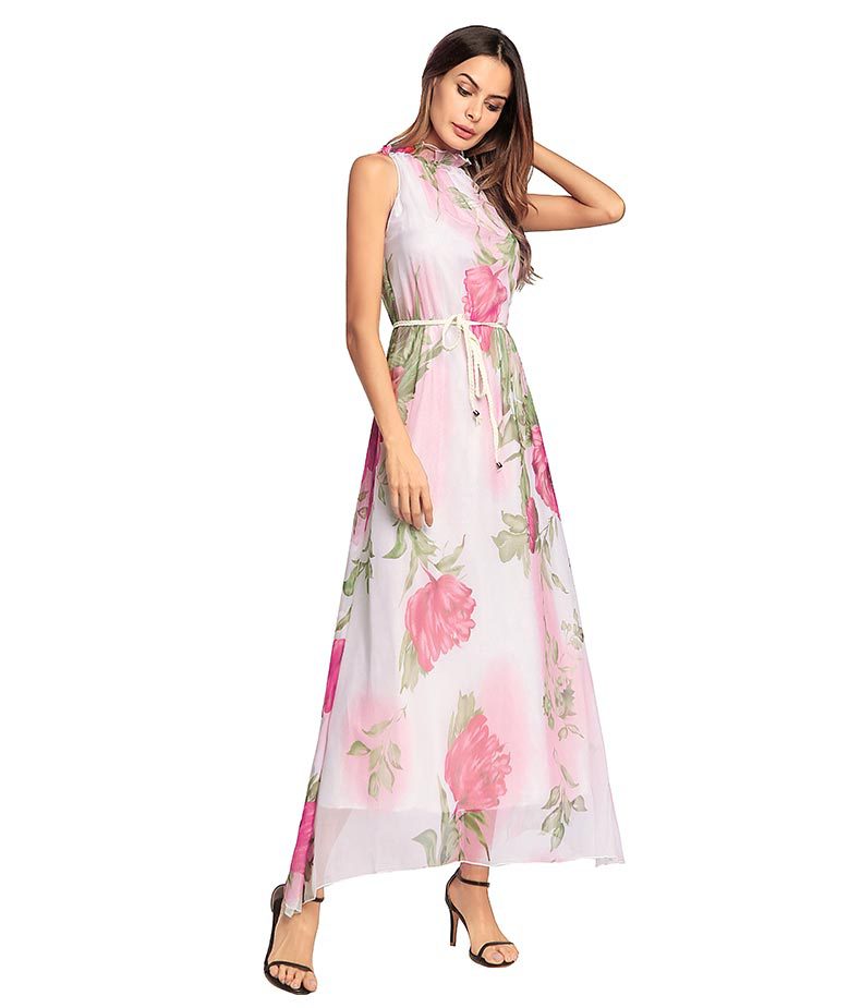 SZ60137 Pink Floral Printed Halter Maxi Dress